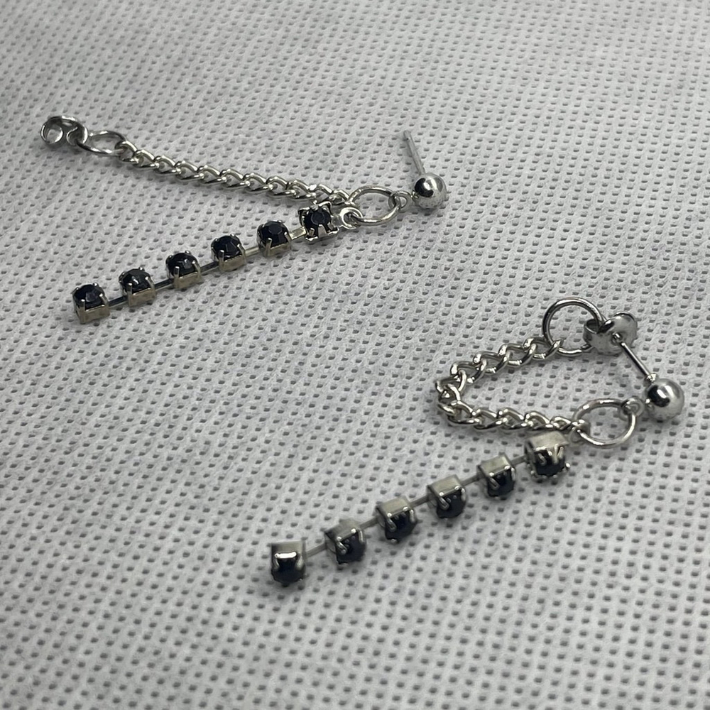 Silver Chain & Black Gem Link Stud Earrings